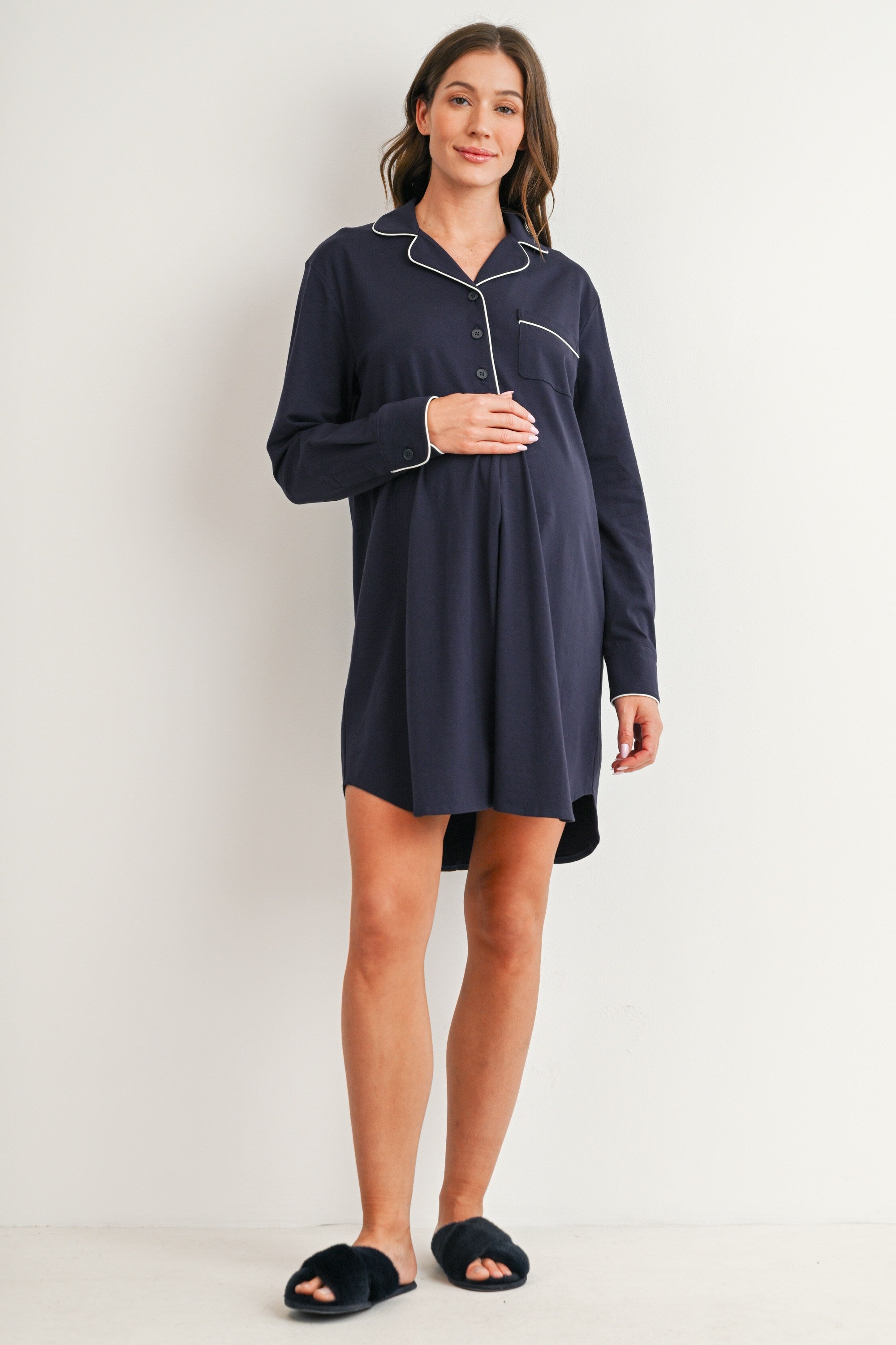 Navy Maternity nursing button-front sleep shirt in navy with contrast piping