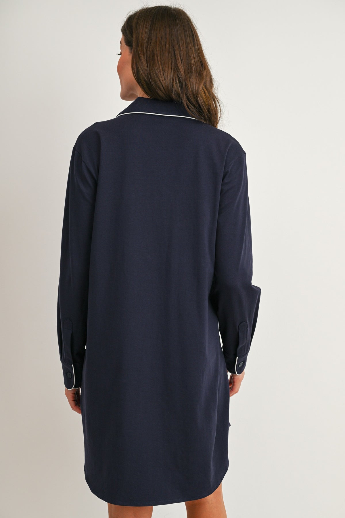 Back view of navy maternity nursing sleep shirt nightgown with shirttail hem