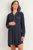 Navy maternity nursing sleep shirt nightgown with button front and contrast piping