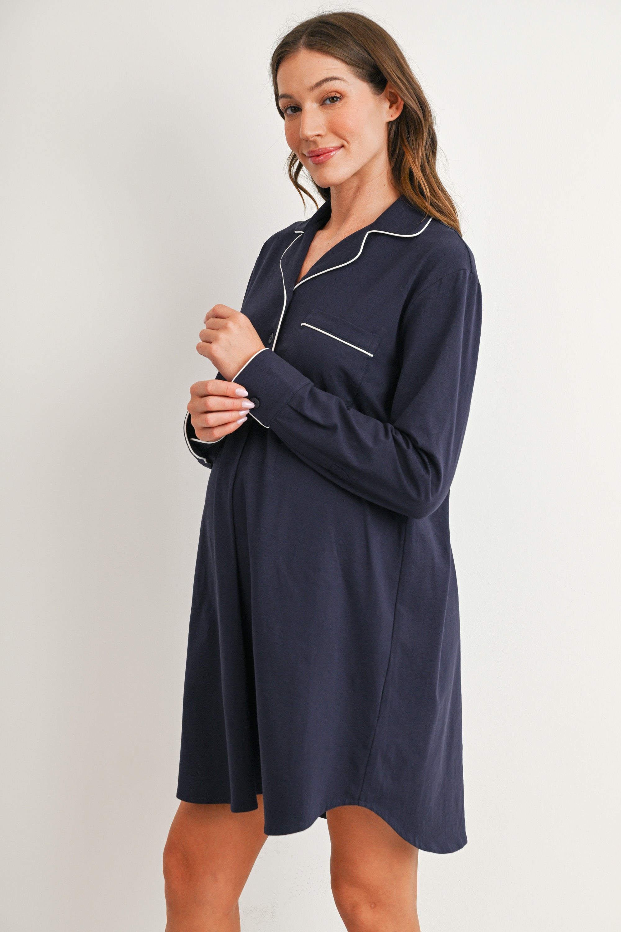 Navy maternity nursing nightgown with long sleeves and relaxed fit