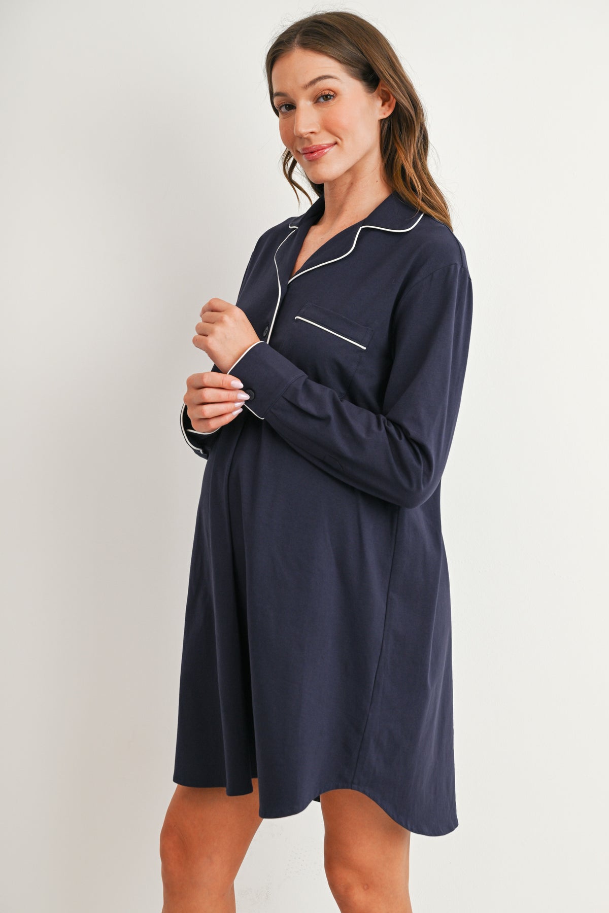 Navy maternity nursing nightgown with long sleeves and relaxed fit
