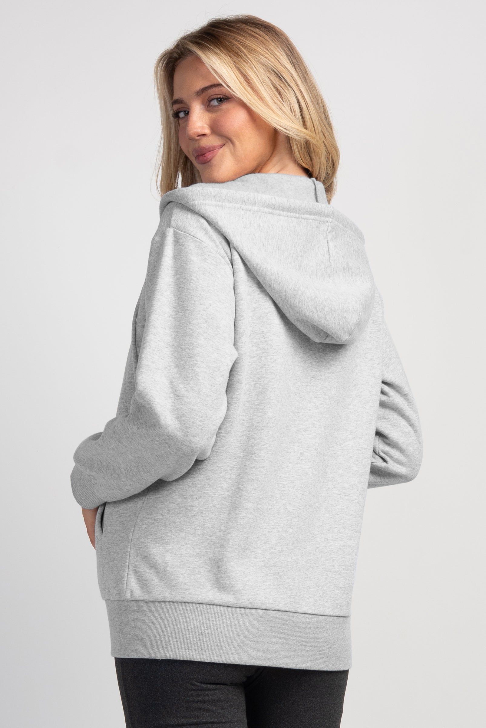 Back view of heather gray maternity hoodie with hood