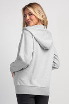 Back view of heather gray maternity hoodie with hood