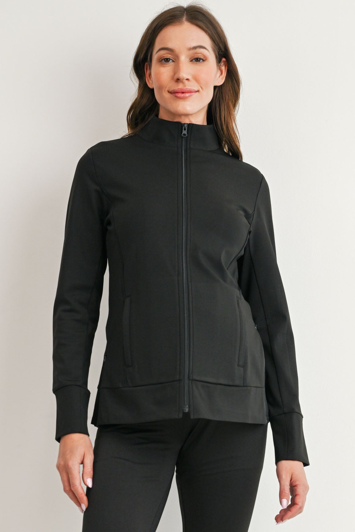Hello Miz black maternity full-zip jacket with high neckline