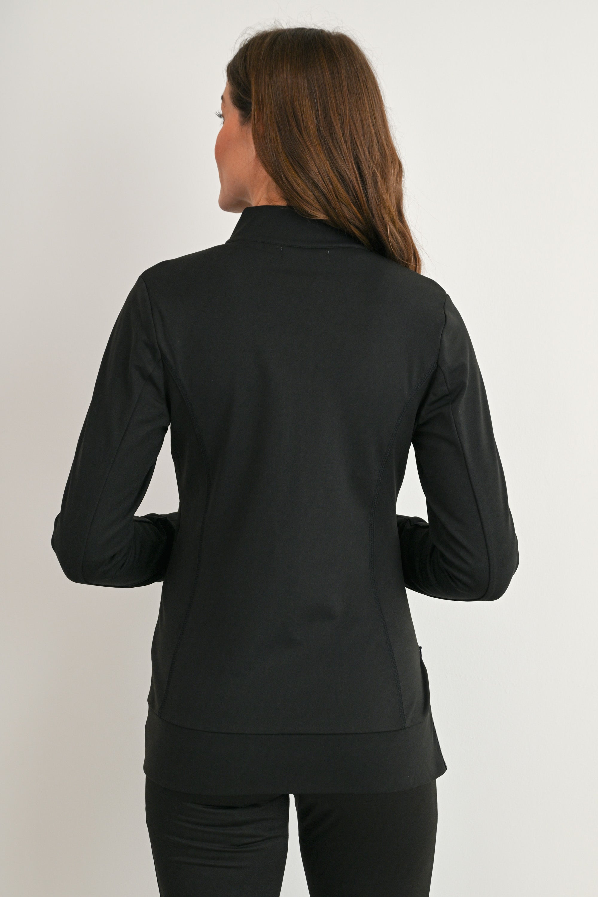 Back view of Hello Miz black maternity full-zip jacket