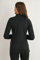 Back view of Hello Miz black maternity full-zip jacket