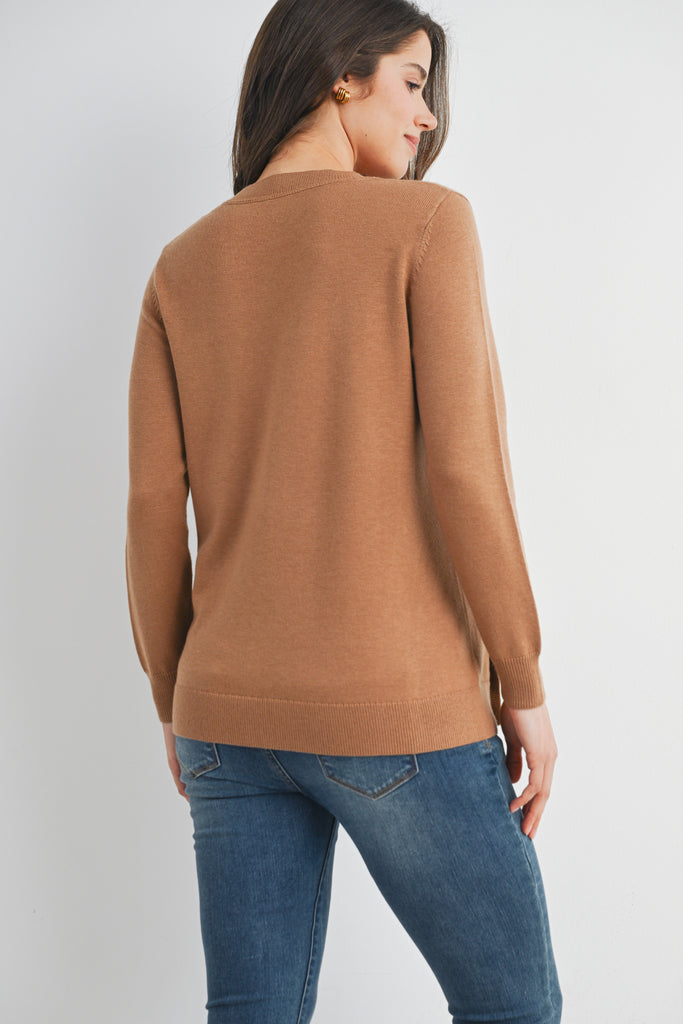 Camel Crew Neck Side Button Knit Maternity Sweater Top Back View