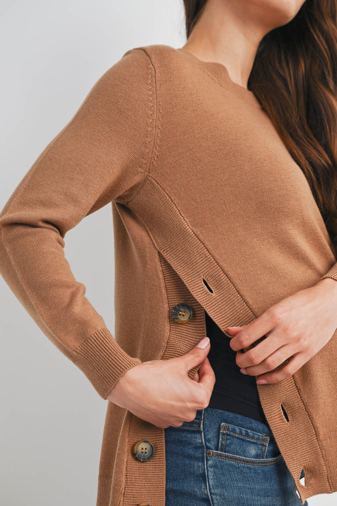 Camel Crew Neck Side Button Knit Maternity Sweater Top Nursing Detail Opening