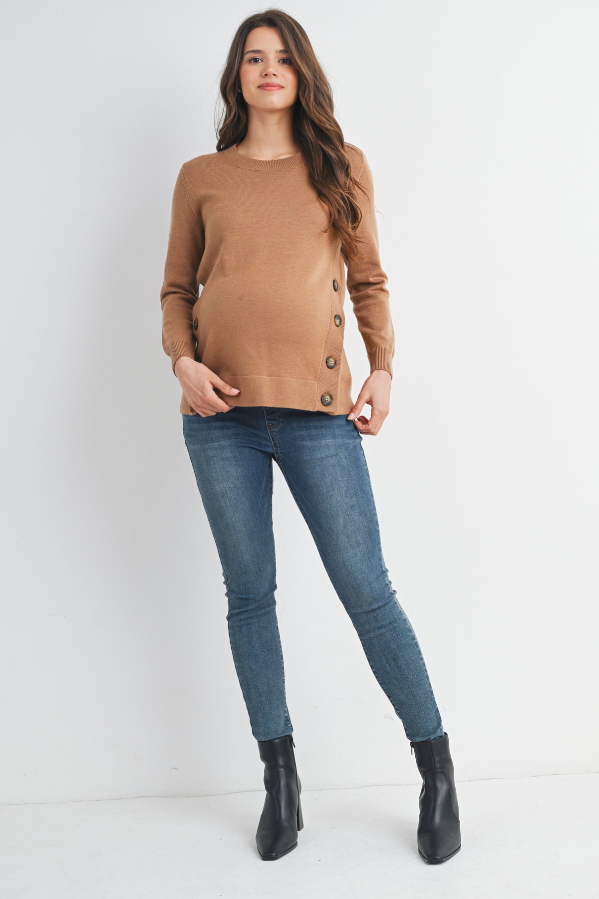 Camel Crew Neck Side Button Knit Maternity Sweater Top Full Body