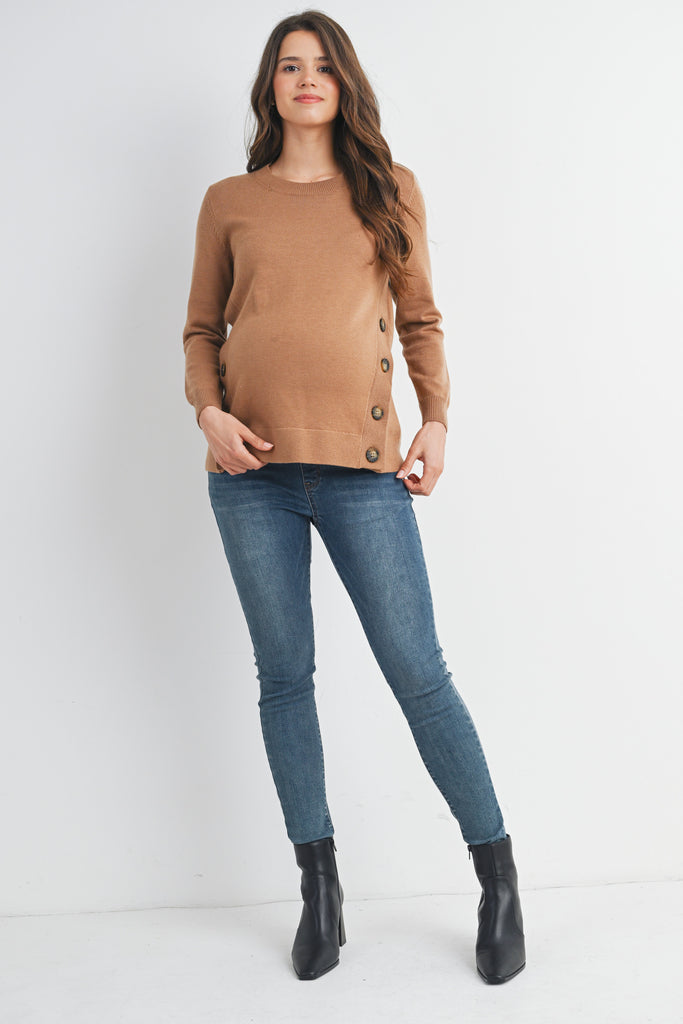 Camel Crew Neck Side Button Knit Maternity Sweater Top Full Body