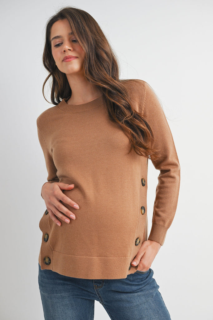 Camel Crew Neck Side Button Knit Maternity Sweater Top Front View