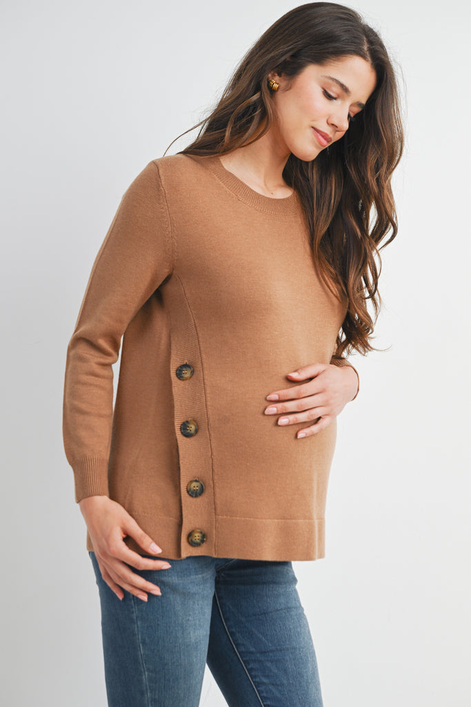 Camel Crew Neck Side Button Knit Maternity Sweater Top Side View
