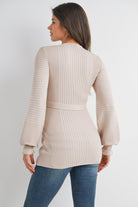 Cream Belted Mock Neck Maternity Sweater Back View