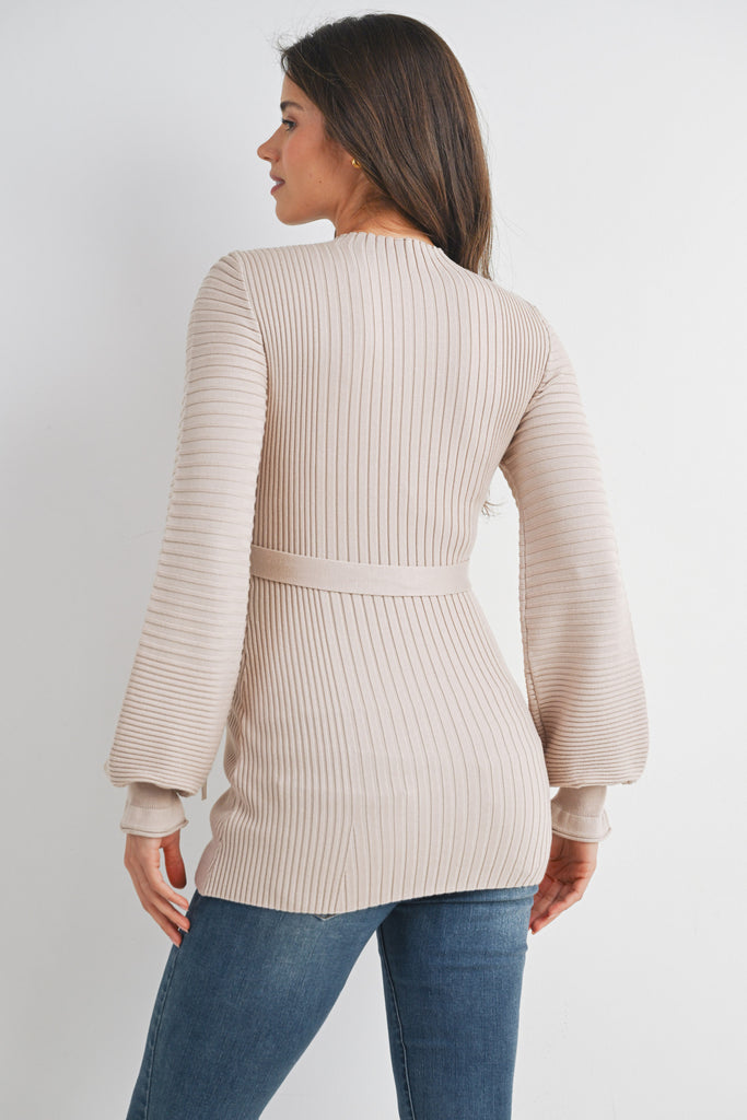 Cream Belted Mock Neck Maternity Sweater Back View