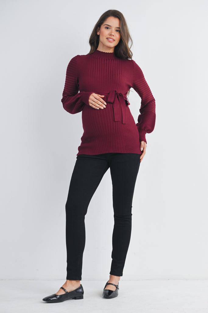 Burgundy Belted Mock Neck Maternity Sweater Full Body
