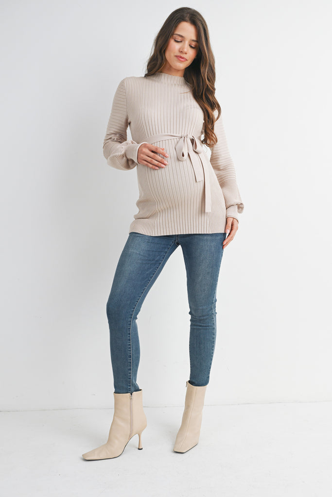 Cream Belted Mock Neck Maternity Sweater Full Body