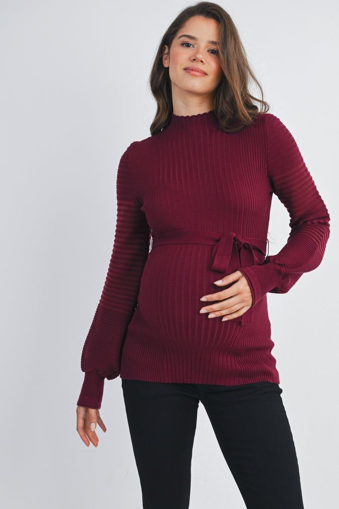 Burgundy Belted Mock Neck Maternity Sweater Front View