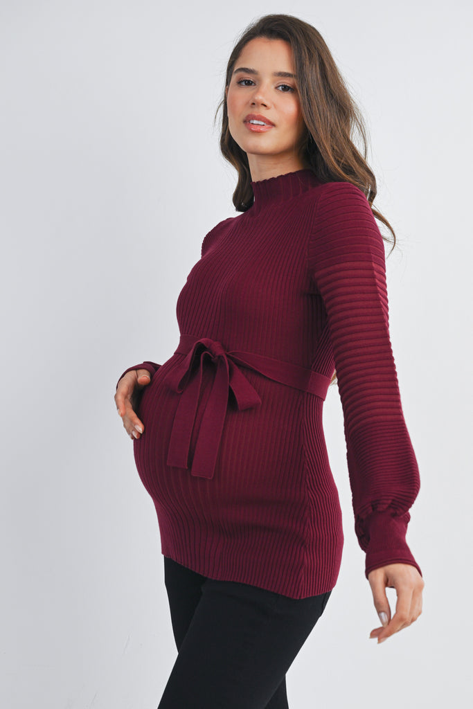 Burgundy Belted Mock Neck Maternity Sweater Side View