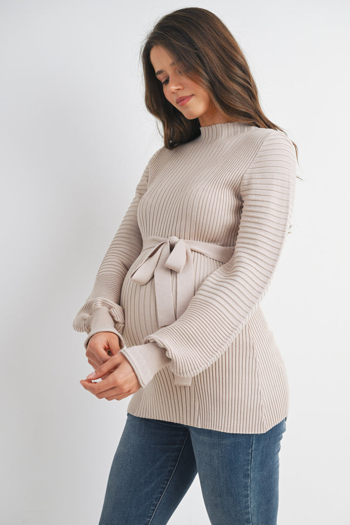 Cream Belted Mock Neck Maternity Sweater Side View