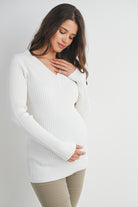 White V Neck Ribbed Long Sleeve Maternity Knit Top Side View