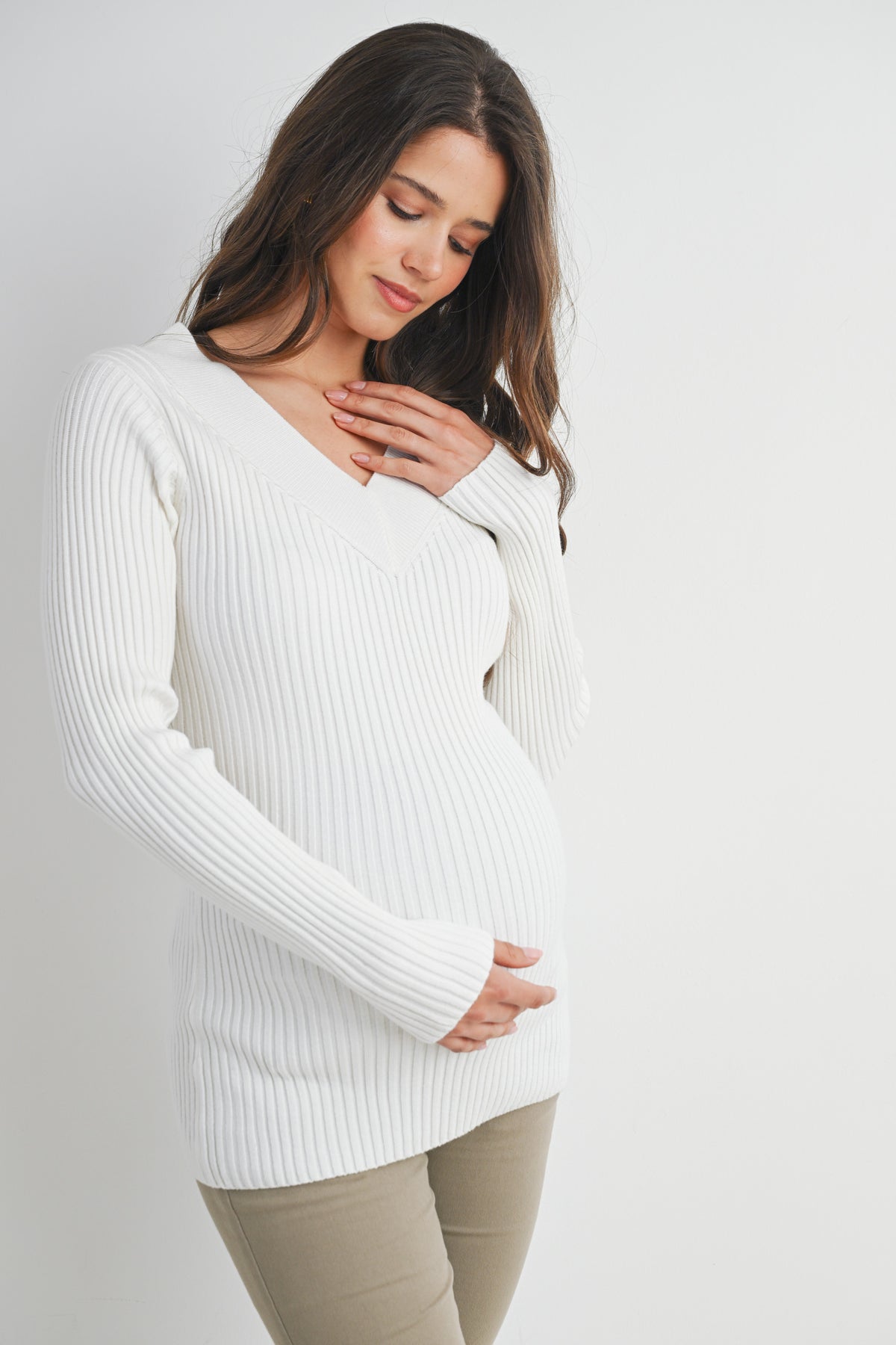 White V Neck Ribbed Long Sleeve Maternity Knit Top Side View