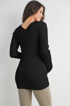 Black V Neck Ribbed Long Sleeve Maternity Knit Top  Back View
