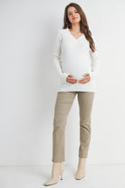 White V Neck Ribbed Long Sleeve Maternity Knit Top Full Body