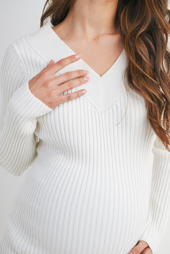 White V Neck Ribbed Long Sleeve Maternity Knit Top Close Up