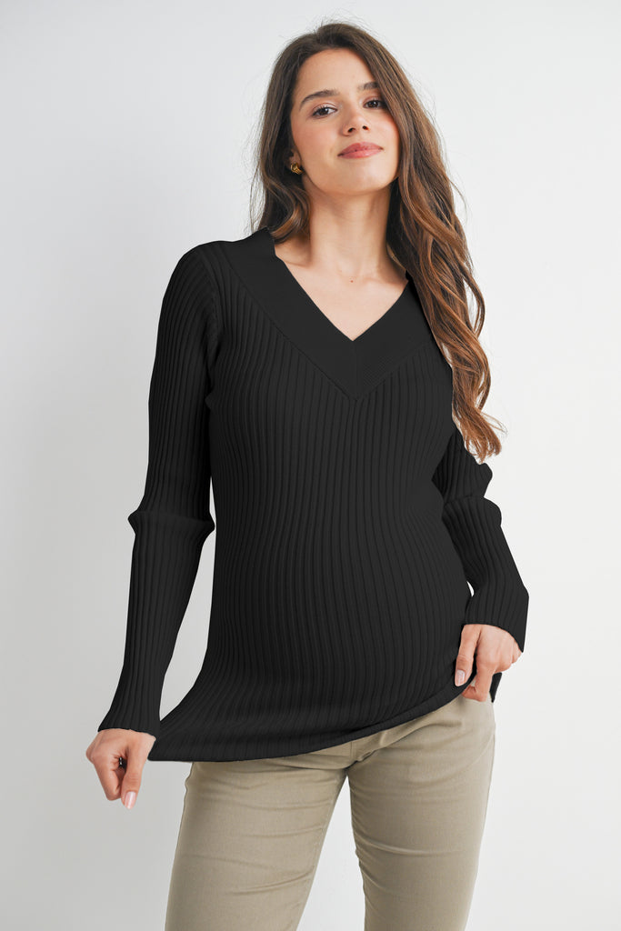 Black V Neck Ribbed Long Sleeve Maternity Knit Top Front View