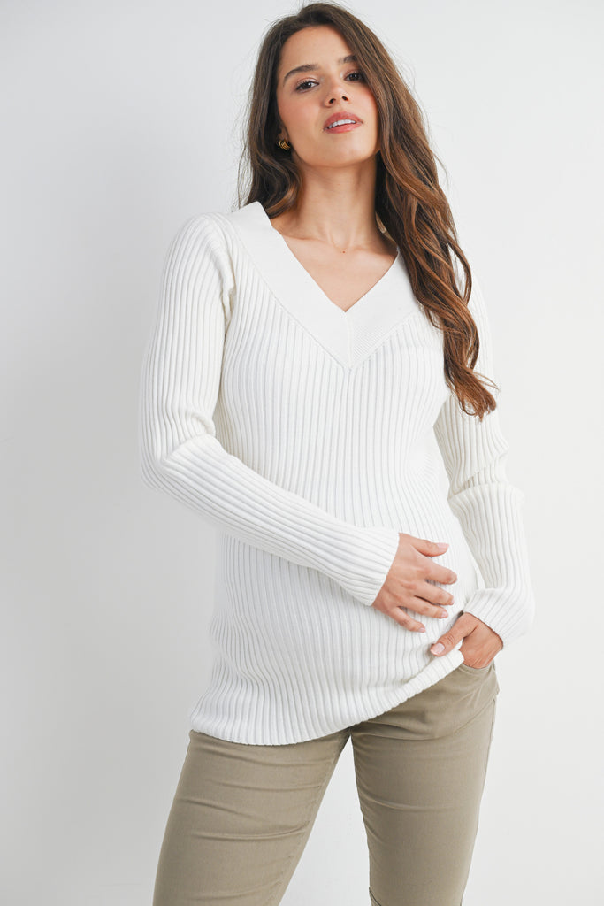 White V Neck Ribbed Long Sleeve Maternity Knit Top Front View