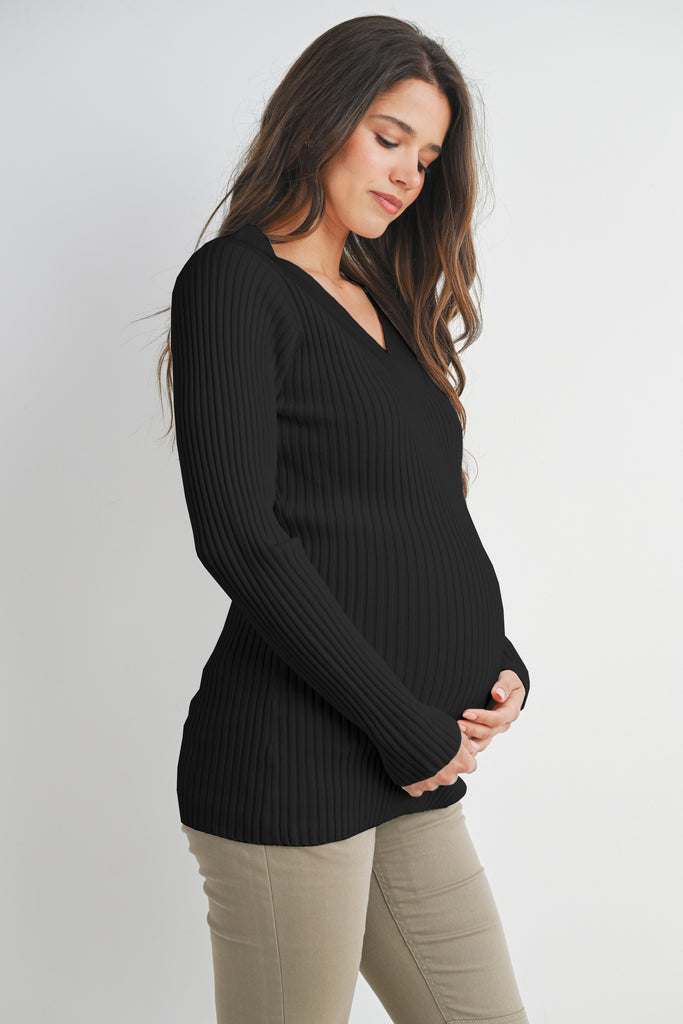 Black V Neck Ribbed Long Sleeve Maternity Knit Top  Side View