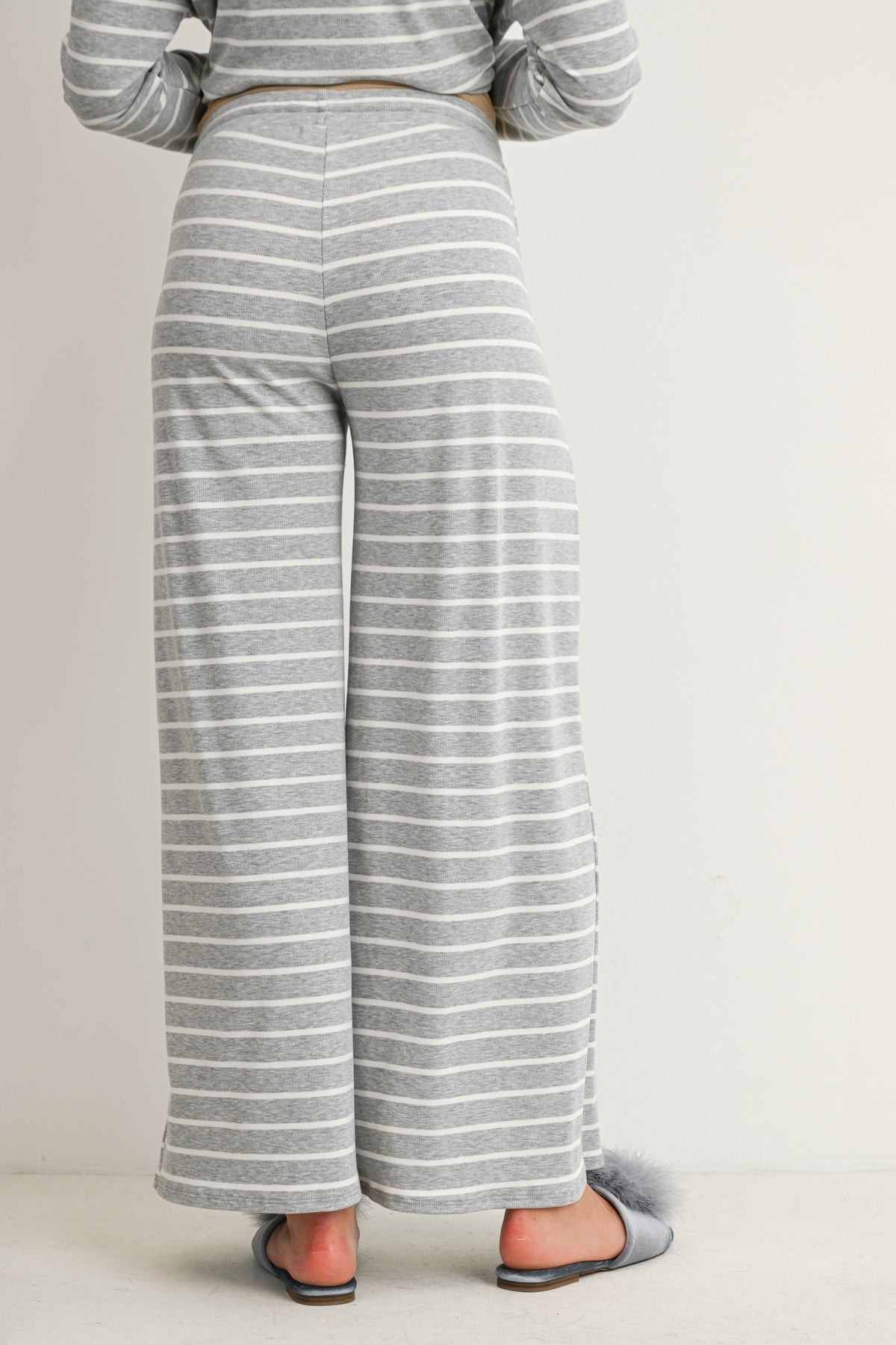 Heather Grey/Off White Maternity Striped Long Sleeve Top & Wide Leg Pants 2-Piece Set Back Pants