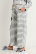 Heather Grey/Off White Maternity Striped Long Sleeve Top & Wide Leg Pants 2-Piece Set Front Pants