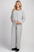White/Black Maternity Striped Long Sleeve Top & Wide Leg Pants 2-Piece Set Front View
