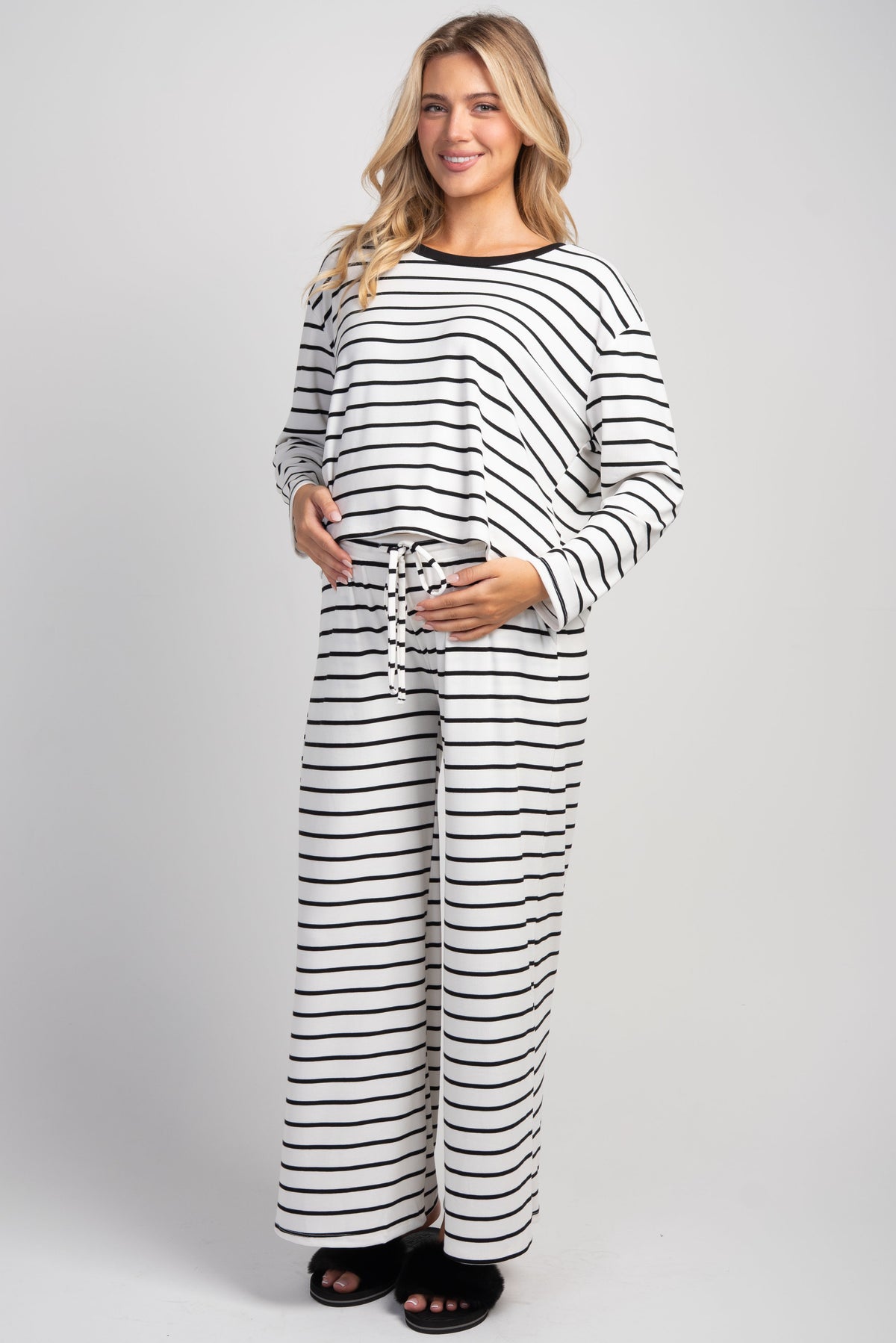 White/Black Maternity Striped Long Sleeve Top & Wide Leg Pants 2-Piece Set Front View