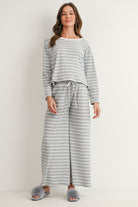 Heather Grey/Off White Maternity Striped Long Sleeve Top & Wide Leg Pants 2-Piece Set Front View
