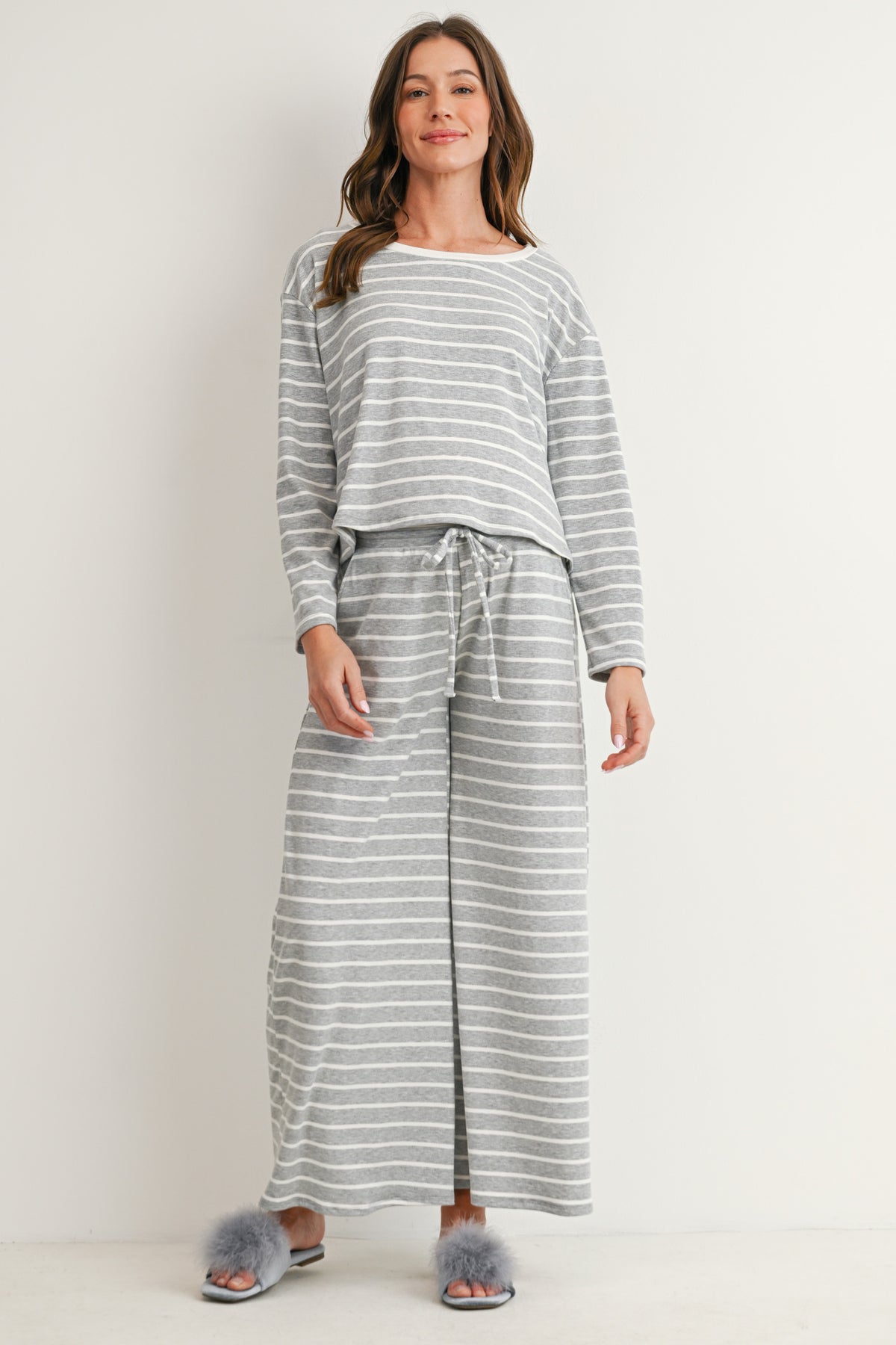 Heather Grey/Off White Maternity Striped Long Sleeve Top & Wide Leg Pants 2-Piece Set Front View