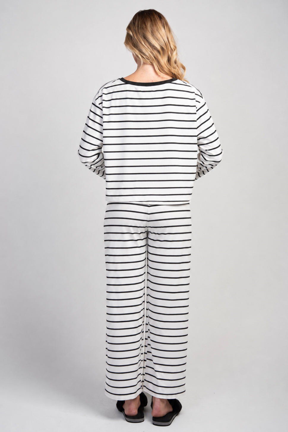 White/Black Maternity Striped Long Sleeve Top & Wide Leg Pants 2-Piece Set Back View