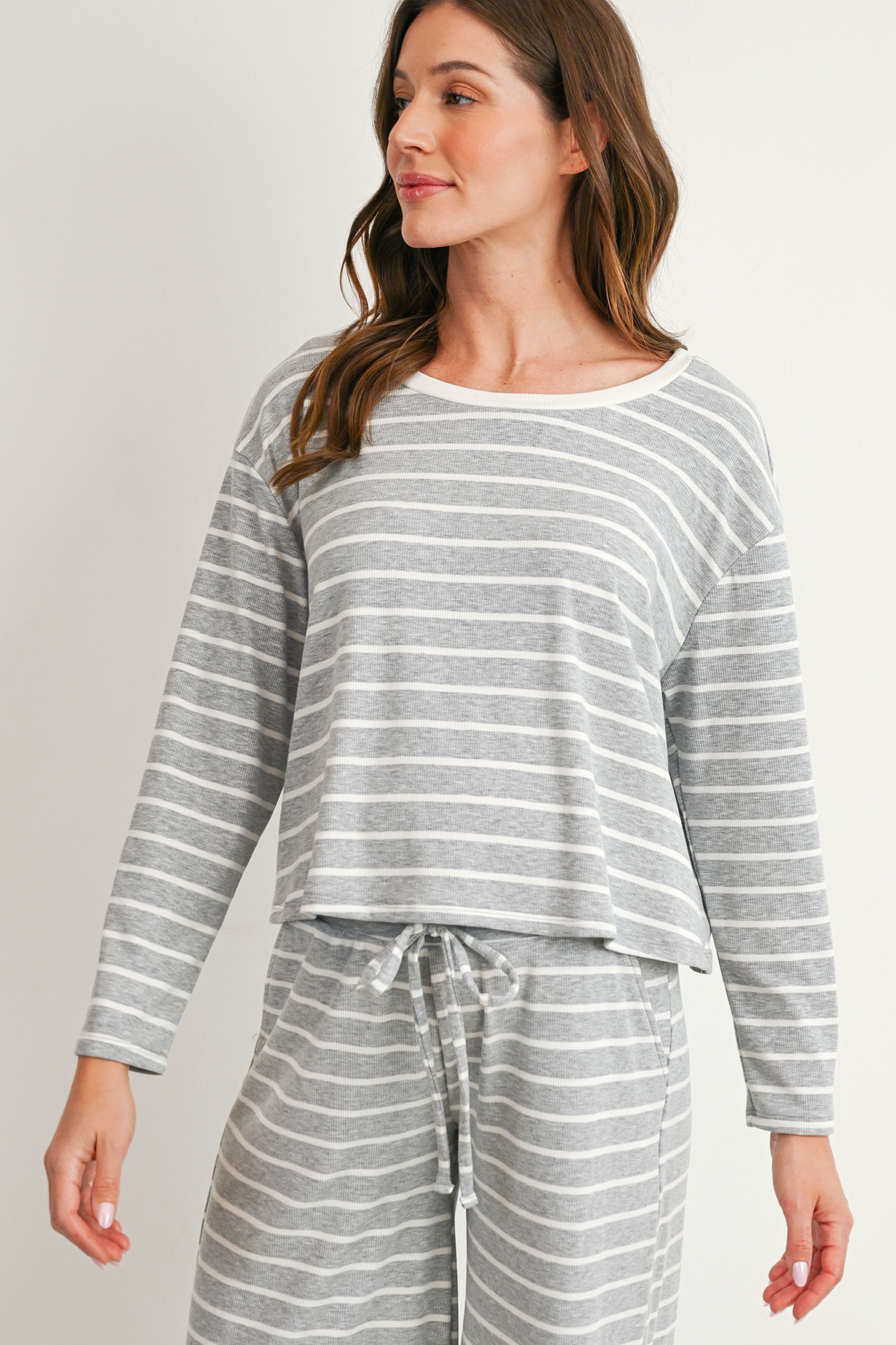 Heather Grey/Off White Maternity Striped Long Sleeve Top & Wide Leg Pants 2-Piece Set Front Top