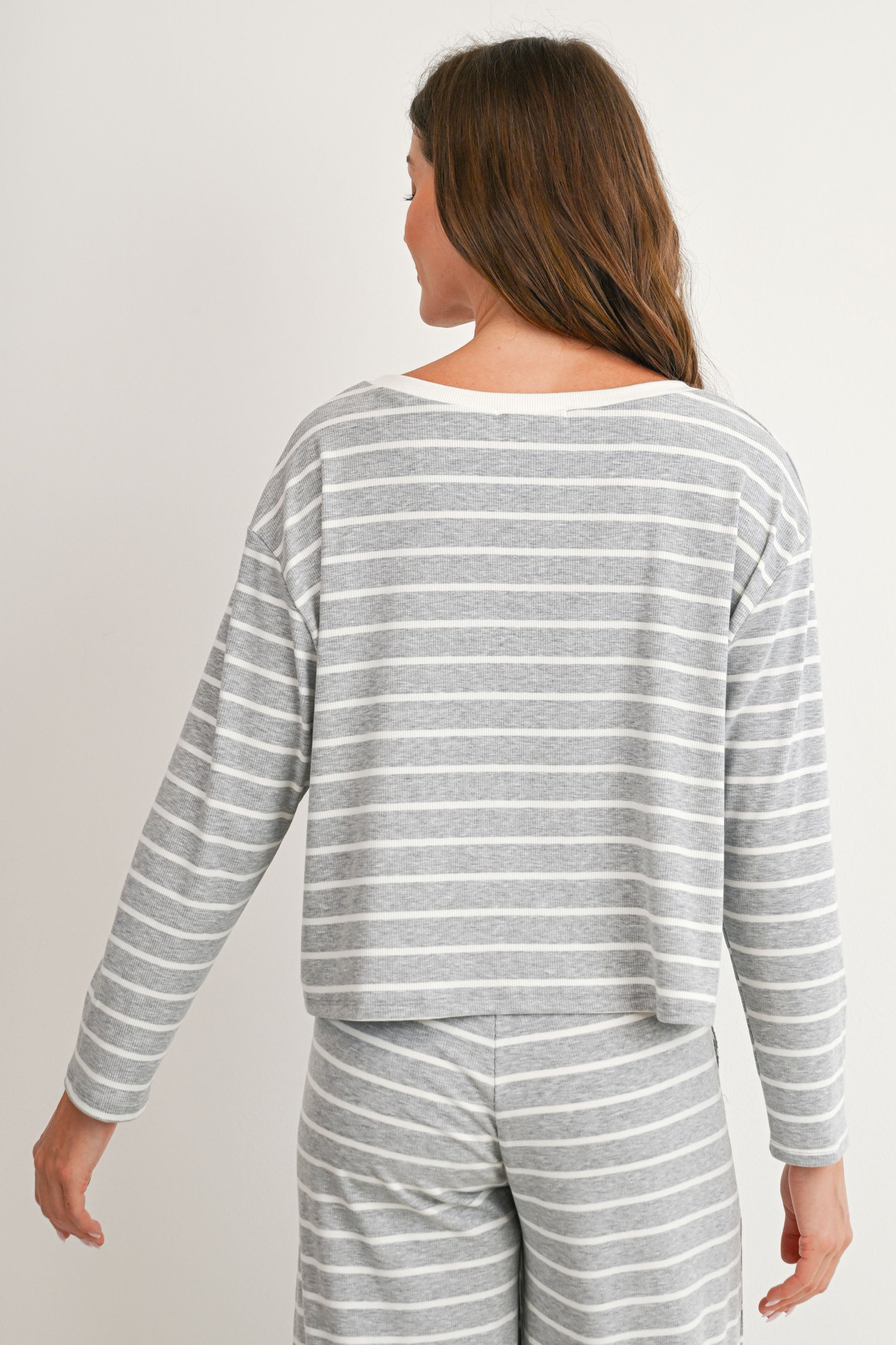 Heather Grey/Off White Maternity Striped Long Sleeve Top & Wide Leg Pants 2-Piece Set Back Top