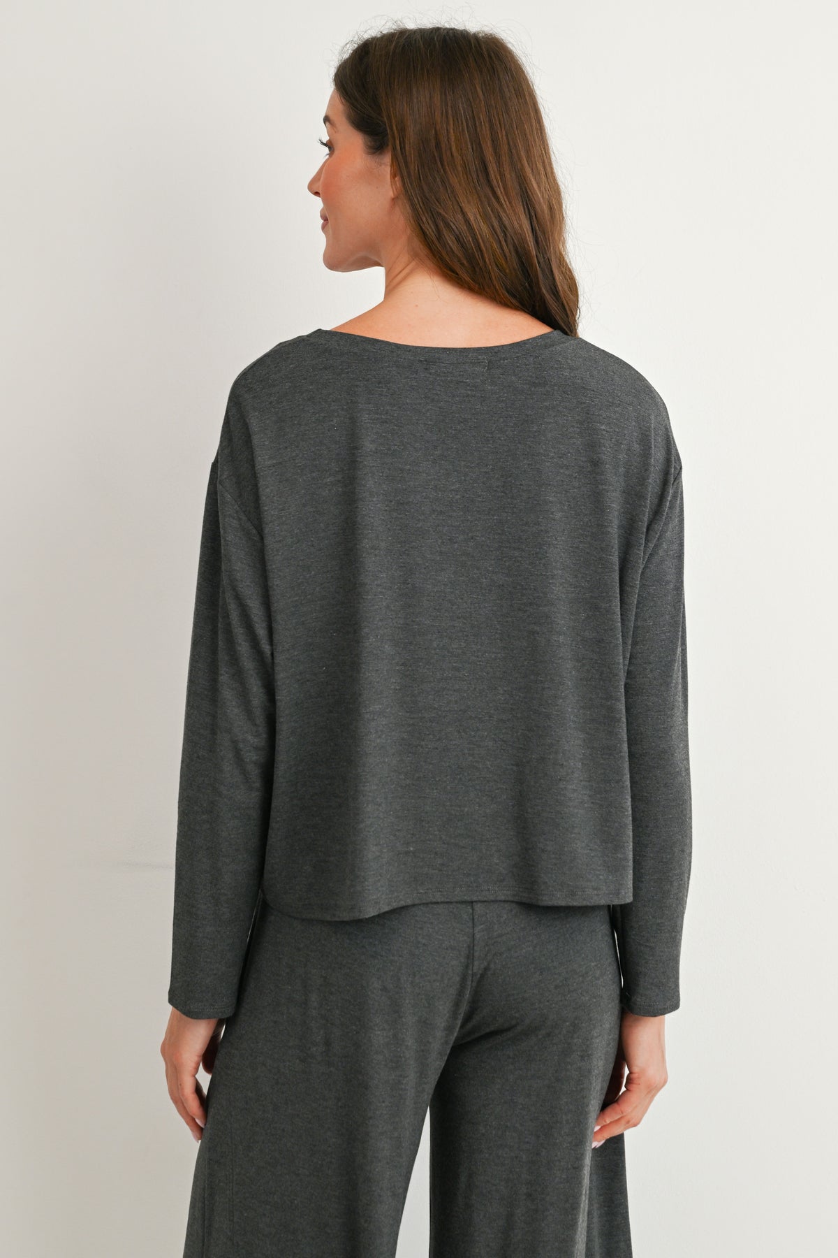 Charcoal Maternity Long Sleeve Top & Wide Leg Pants Lounge Set Top Close Up