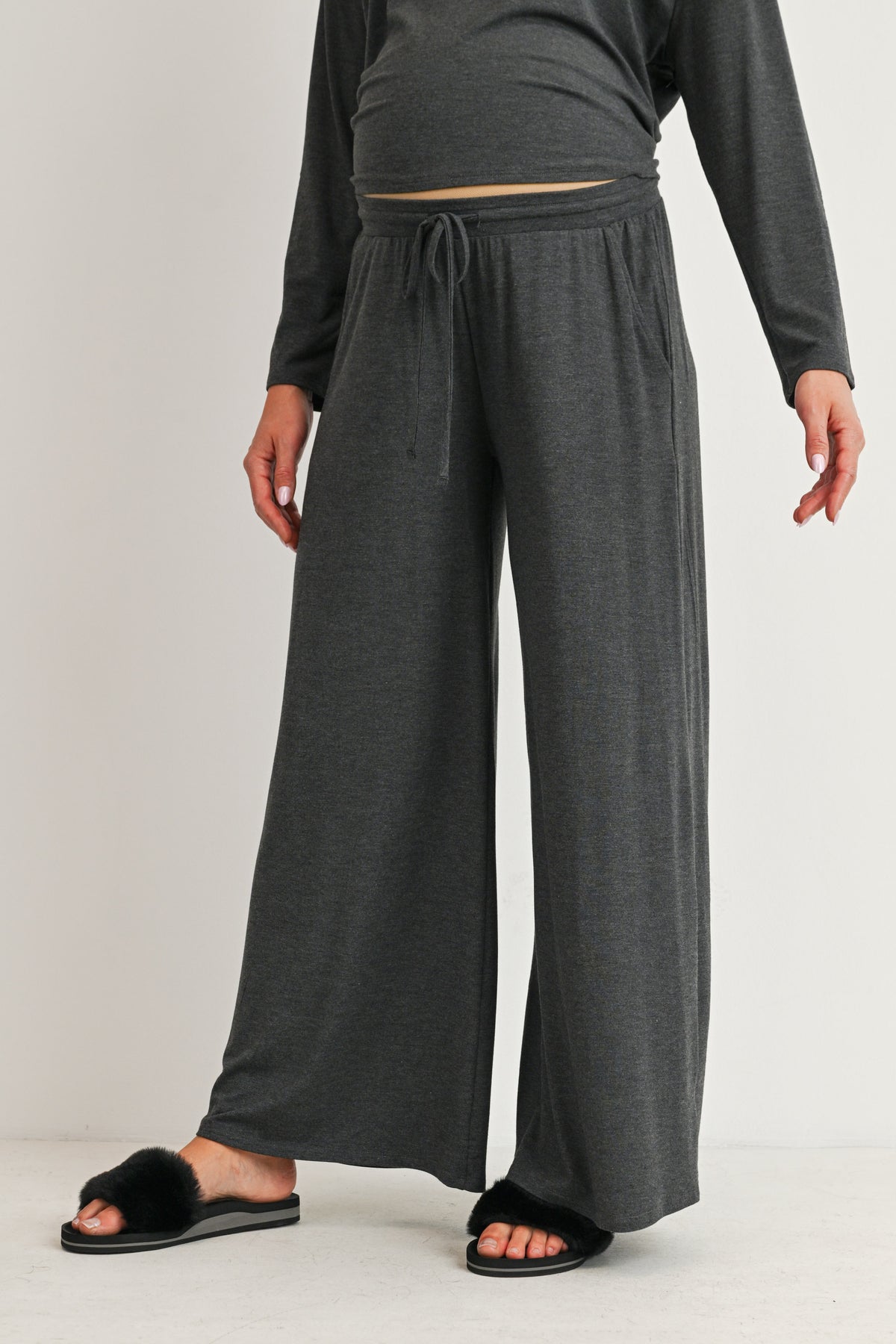 Charcoal Maternity Long Sleeve Top & Wide Leg Pants Lounge Set Pants Close Up
