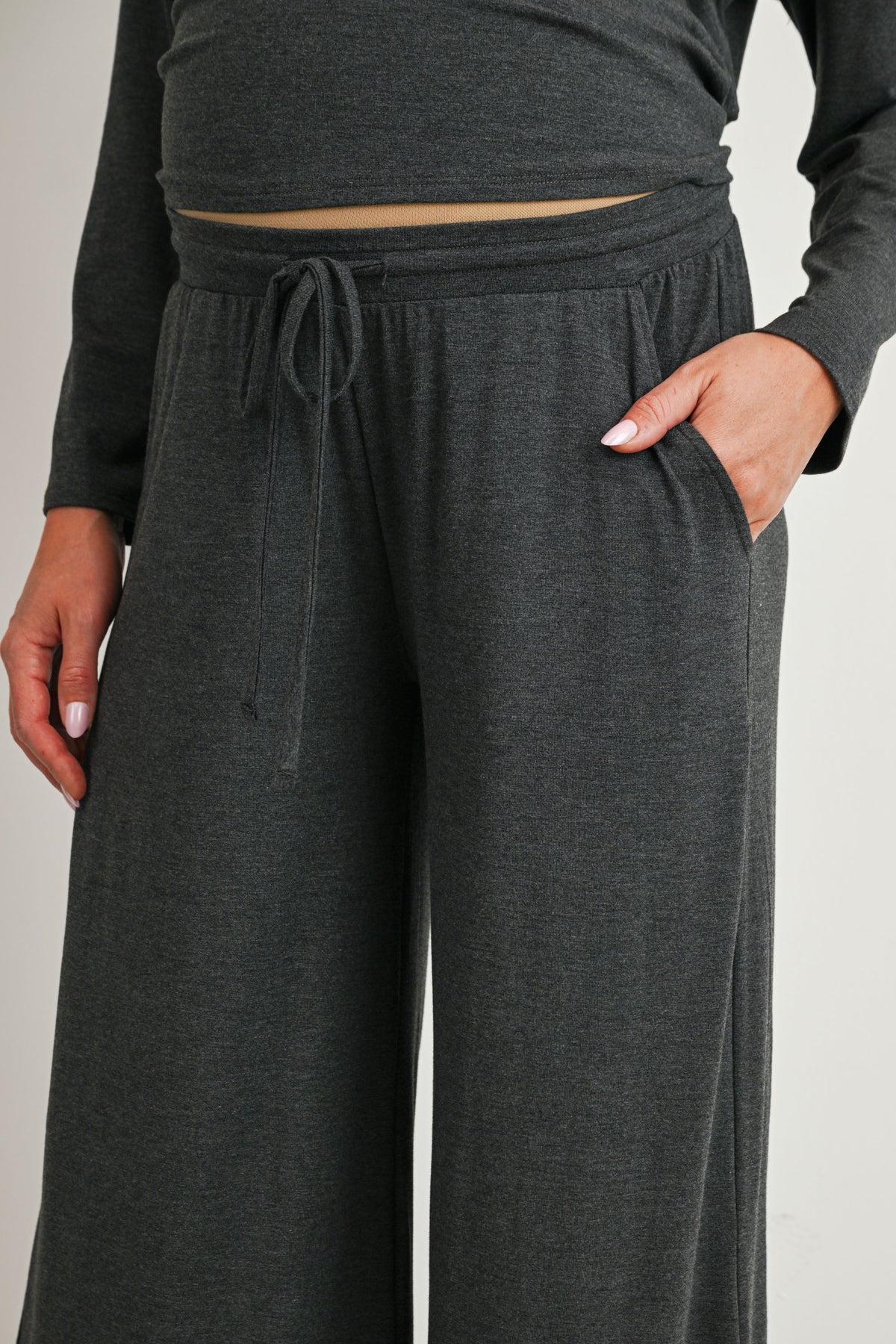 Charcoal Maternity Long Sleeve Top & Wide Leg Pants Lounge Set Pocket Close Up