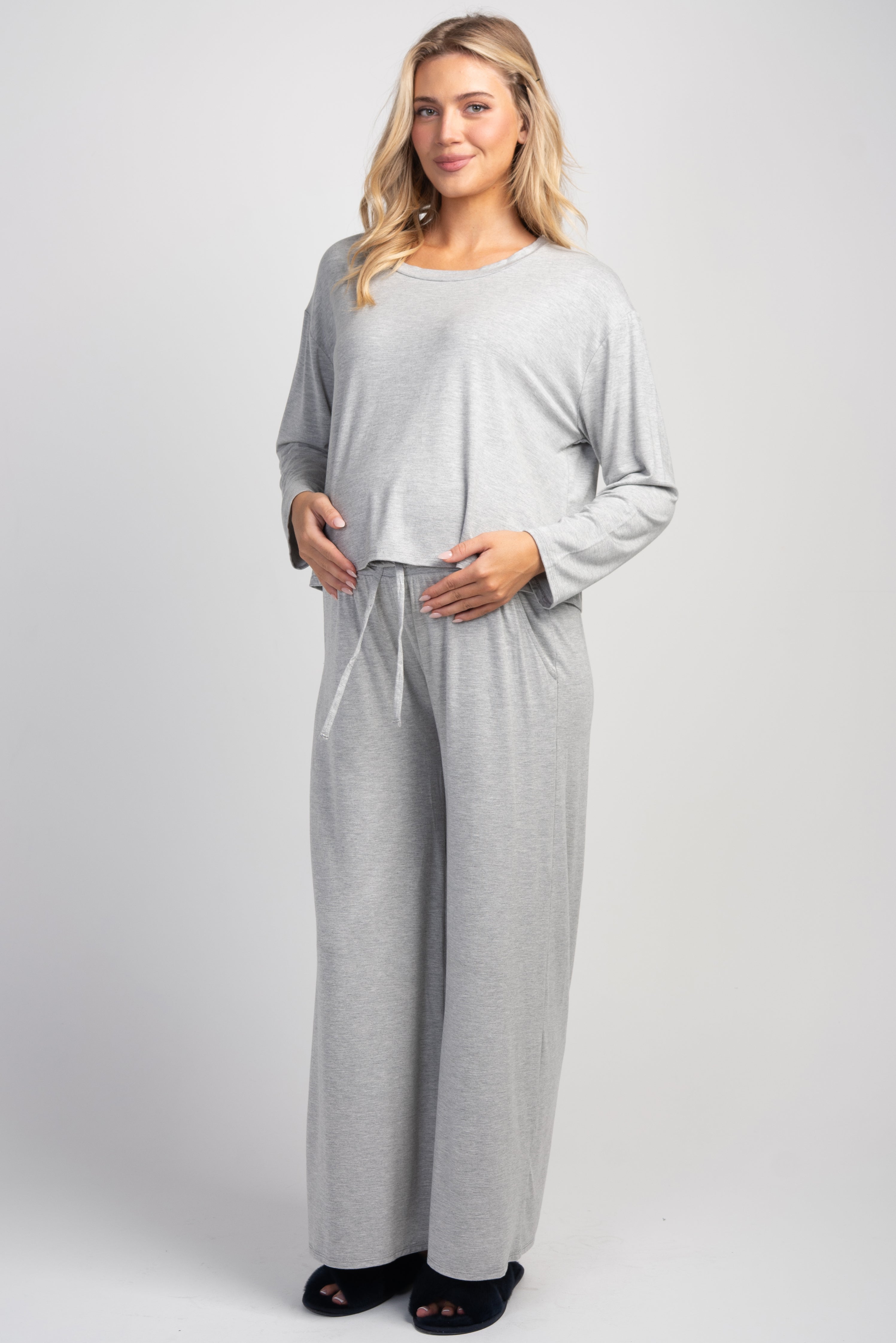 Heather Grey Maternity Long Sleeve Top & Wide Leg Pants Lounge Set Front Full Body