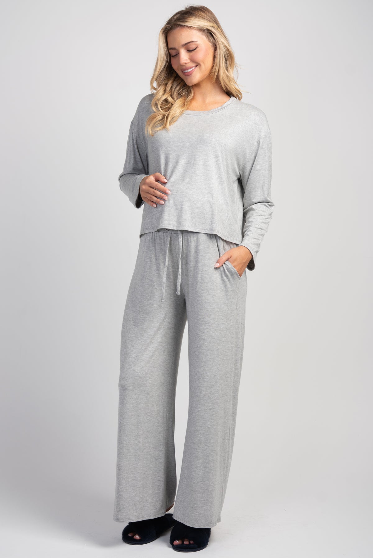 Heather Grey Maternity Long Sleeve Top & Wide Leg Pants Lounge Set Side View