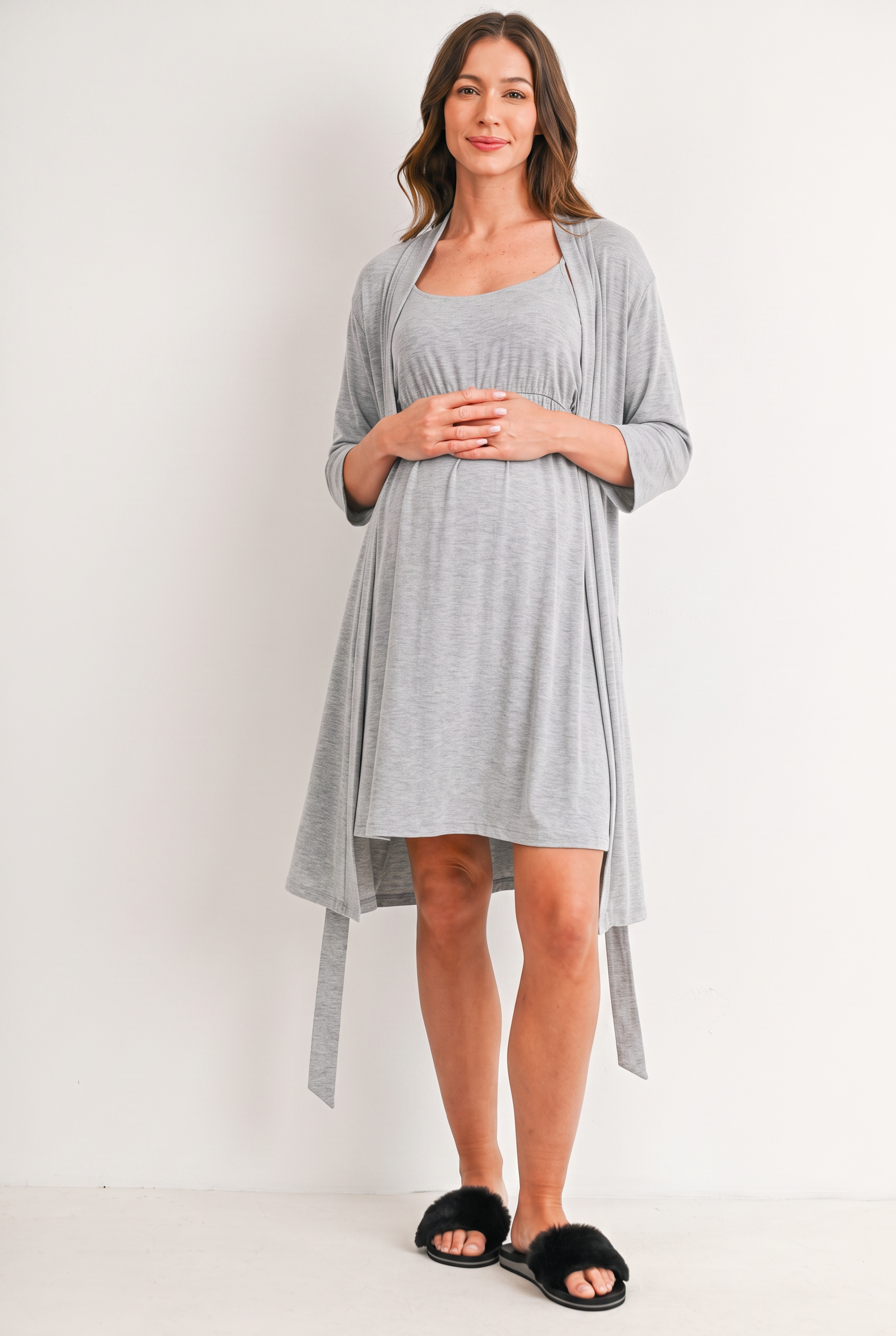 Heather Grey maternity nursing dress with matching robe for pregnancy and breastfeeding