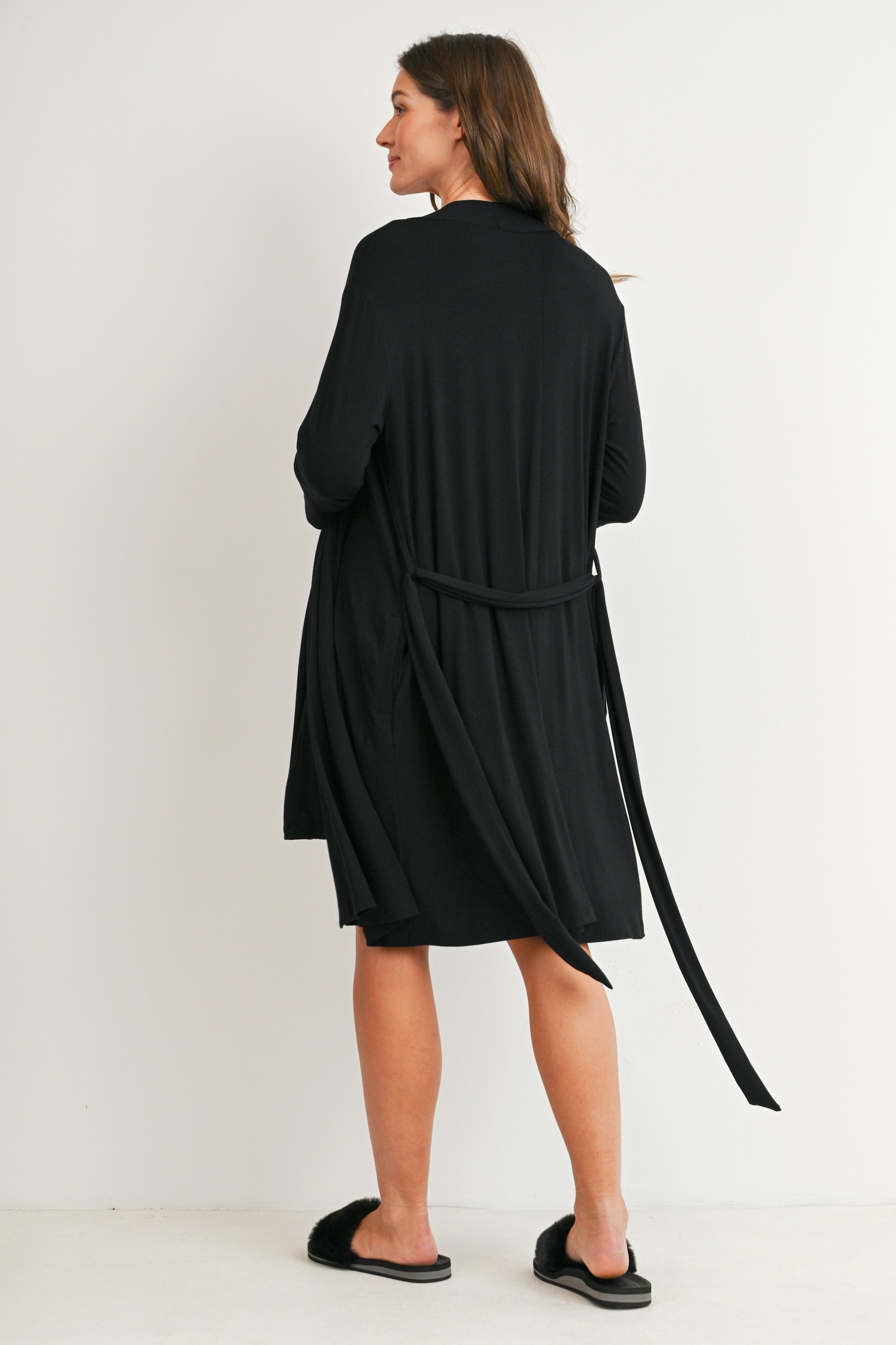 Black maternity nursing dress with matching long robe for pregnancy and postpartum