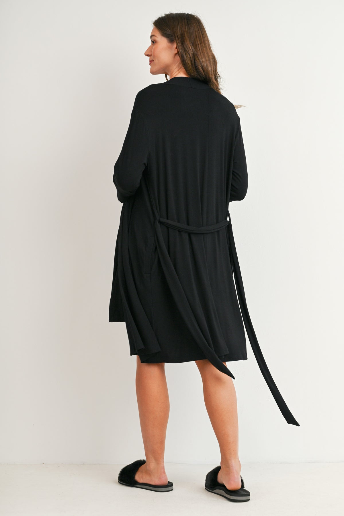Black maternity nursing dress with matching long robe for pregnancy and postpartum