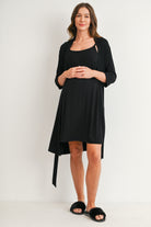 Black maternity nursing dress with matching robe for pregnancy and breastfeeding