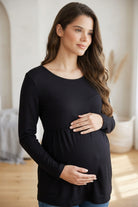 Black Scoop Neck Long Sleeve Ruched Maternity Top Front View